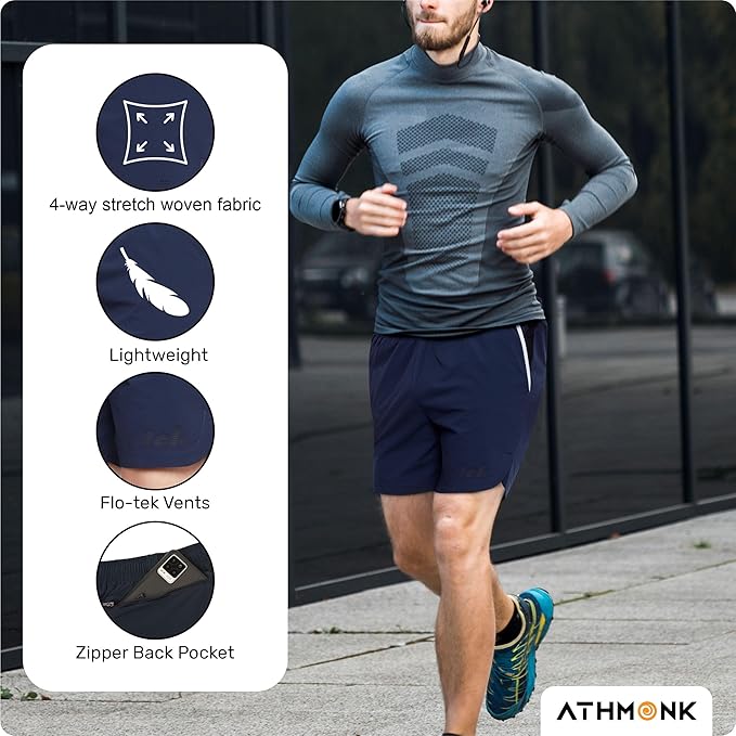 Athmonk Flotek Quick Dry Running Activewear Shorts for Men with Phone Zipper Back Pockets